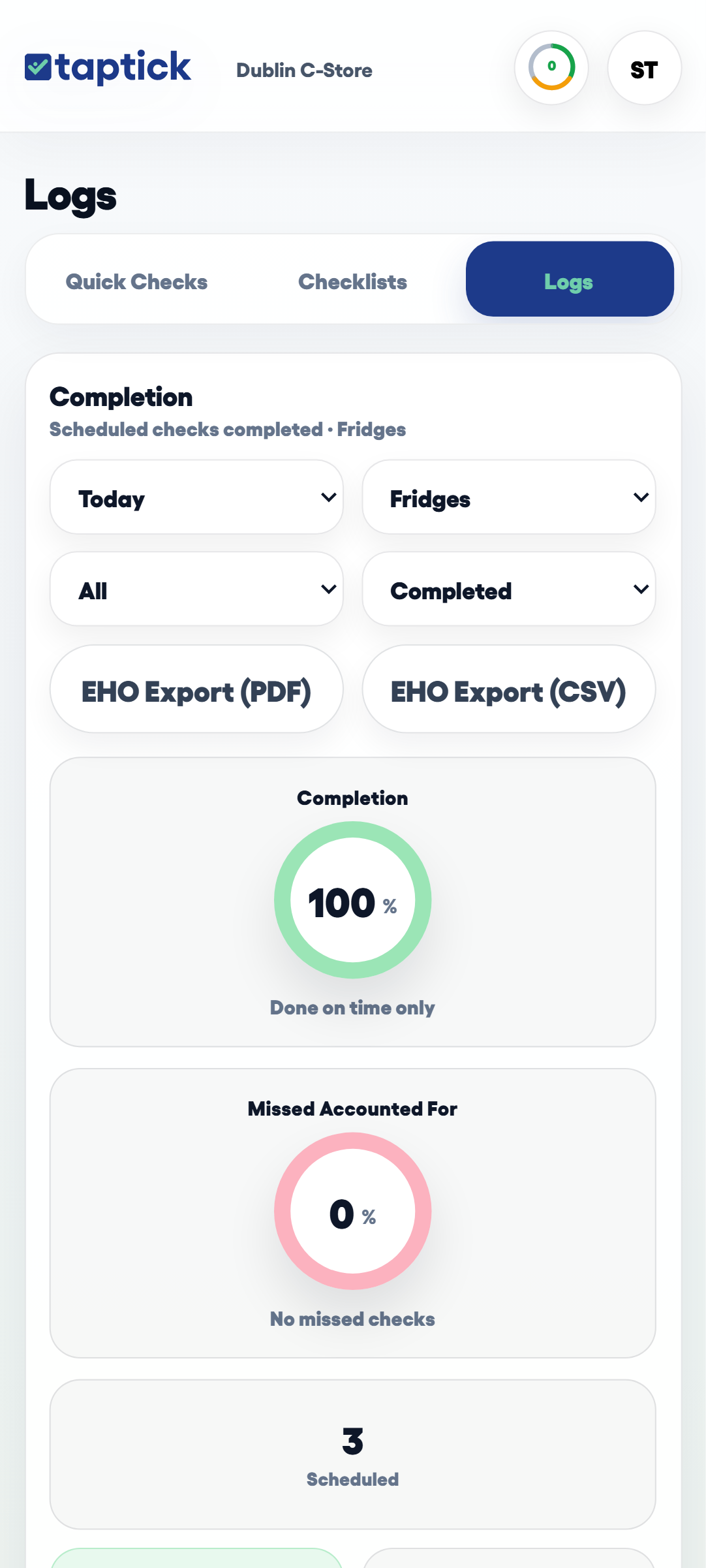 TapTick logs screen showing EHO export controls and compliance records