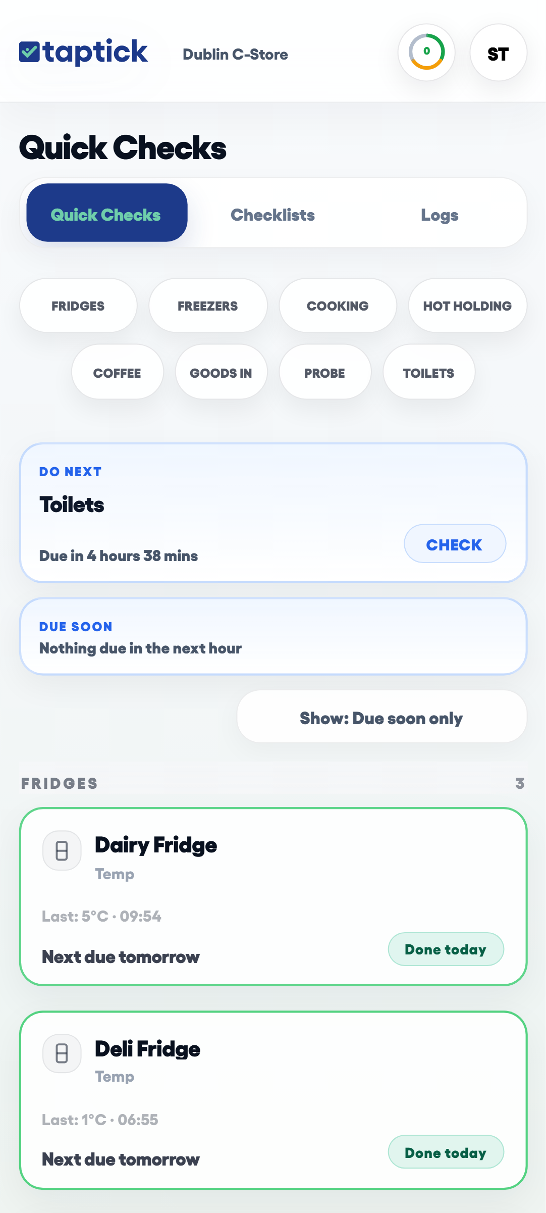 TapTick quick checks screen
